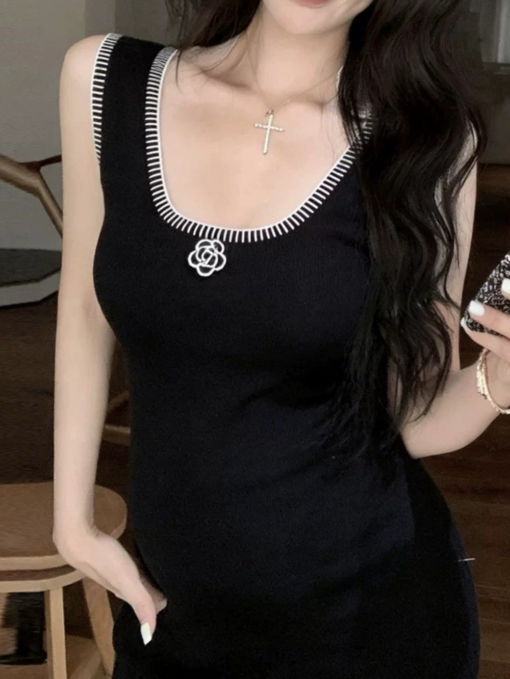 ZARA Summer Sleeveless Tank Dress Black Camellia Knit Ice Silk Long Dress Luxury
